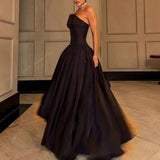 MQTIME  -  Satin Black Pleated Party Dress Fashion Women's Strapless High Waist Robe Dress Casual Backless Slim Fit Swing Banquet Dresses