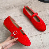 MQTIME  -  Red Velvet Buckle Strap Mary Janes Shoes Women Elegant Spring Autumn Flannel Flats Shoes Black Casual Ladies Shoes Footwear New