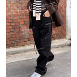 Mqtime High Street Multi-pocket Loose Casual Cargo Pants Women  Winter New Korean Solid Color All Match Wide Leg Pants