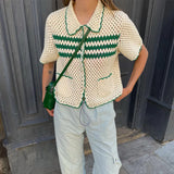 MQTIME  -  New Trendy Womens Striped Knit Two Piece Set Lapel Hollow Out Short Sleeve Top with Skirt Fashion Summer Outfit