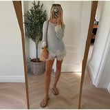 MQTIME  -  Lace Trim Women Short Suit Round Neck Sheer Layers Knitted Top Solid Elastic Waist Shorts Beach Vacation Daily Suits For Ladies