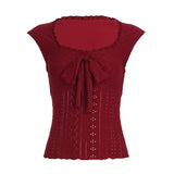 MQTIME  -  Japanese Sexy Solid Bow Tie Vest Square Neck Sleeveless Tee Spicy Girl American Retro 90s Short Top for Women 민소매 티 여성