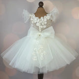 MQTIME  -  White Flower Girl Dresses Tulle Flowers Appliques With Bow Short Sleeve For Wedding Birthday Party Holy Communion Gowns