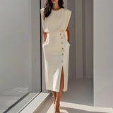 MQTIME  -  Summer New Simple Solid Color Women Long Dress Elegant Solid Color Female Office Work Dresses