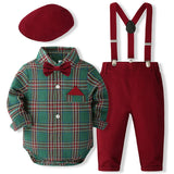 MQTIME  -  5Piece Spring Autumn Kids Clothes Boys Korean Fashion Plaid Gentleman Bodysuit+Pants+Hat Baby Luxury Clothing Newborn Set BC1693
