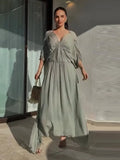 MQTIME  -  Pleated Elegant Summer Long Dress Women Batwing Sleeve Deep V-neck High Waist Street Thin Dresses Vacation 2025 New Slim Robe
