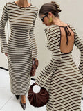 MQTIME  -  Slim Fit Knitted Long Sleeve round Neck Bell Bottom Striped Dress Cross Border New Style Fresh Sweet Style Casual Dress