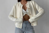 MQTIME  -  Women's Solid Color Round Neck Single Breasted Short Knitted Cardigan