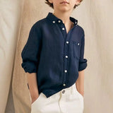 MQTIME  -  Boy's Linen Shirt Daily Casual Turn-Down Collar Long Sleeved Top College Spring Breathable Skin-Friendly Cotton-Linen Shirts