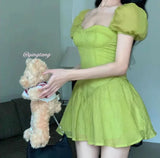 MQTIME  -  Slimming Bubble Hem Square Ne Chiffon ort Dr Women's Sexy Summer Sle Princ Waist Cinched Skirt