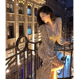 MQTIME  -  Evening Dress Luxury Ladies Birthday Party Cocktail Dress Sequins Sparkling Deep V-Neck Wrap Hip Slim Long Dresses for Women