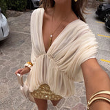 MQTIME  -  Trendy Solid Irregular High Waist Tees Sexy Deep V-Neck Bat Sleeve Beach Holiday Top Elegant Pleated Crop Exposed Loose Pullover