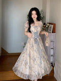 MQTIME  -  Women Ruffles Casual Korean Fairy Dress Female Summer Lace-up Vacation Party Dress Elegant Vintage Floral Midi Dress