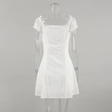 MQTIME  -  French Style White Lace Trim Short Sleeve Dress 2025 Summer A Line Bow Tie Casual Mini Dress