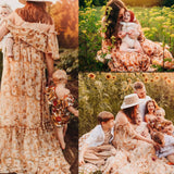 MQTIME  -  Fall Outfits 2024 Bohemian Photo Shooting Pregnancy Dress Printed Chiffon Off Shoulder Two-Piece Dress Maternity Dresses For Baby Showers