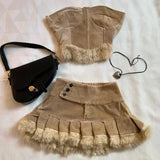 MQTIME  -  Y2K Knitted Splicing Short Skirt Two Piece Set Women Knitted Long Sleeved Sweater Cute Bow Mini Pleated Skirt Autumn Winter Suit