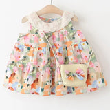 MQTIME  -  2Piece Sets Summer Kids Clothes Korean Cute Doll Collar Sleeveless Cotton Princess Flower Girl Dresses+Bag Toddler Dress B034
