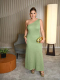 MQTIME  -  Slanted Shoulder Knitted Dress Women Elegant Solid Sleeveless Waist Cinching Long Vestido Casual Lady Evening Party Dresses