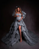 MQTIME  -  Elegant Vestidos De Gala Dusty Blue Maternity Dresses Off Shoulder Photography Props Tiered  Slit Customized Pregnant Gowns