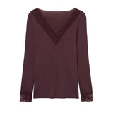  MQTIME  -  Slim Lace Patchwork Women's Top Sexy V-neck Long Sleeve Solid Female Pullovers Autumn Winter New Lady All-match T-shirts