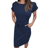 MQTIME  -  Summer Women Versatile Dress With Belt Casual Short Sleeve Round Neck Fashionable Dress Outfits Holiday Midi Sundress Vestidos