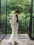 MQTIME  -  Knitted Cover Up Beach Elegant Solid Sexy See Through Bodycon Maxi Dress Flared Long Sleeves Bikinis Cover-ups For Women
