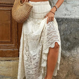 MQTIME  -  Women Boho Crochet Skirts High Waist Hollow Out Beach Skirts A-line Knitted Beach Vestidos Floral Maxi Skirt Mujer