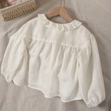 MQTIME  -  Girls' Cotton And Linen Doll Collar Cardigan White Shirt Spring New Bubble Sleeves Loose Cute Girl Long Sleeved Tops
