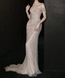 MQTIME  -  Champagne Sequin Evening Dress Off Shoulder Floor Length Temperament Tassels Luxury Fishtail Formal Mermaid Wedding Prom Gown