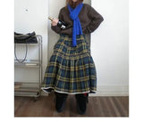 MQTIME  -  Women Vintage Green Plaid Tiered Midi Skirts Elastic High Waist A Line Ruffled Cake Skirt Autumn Casual Preppy Style Long Skirts