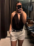MQTIME  -  Lady Jewelry Necklace Jumpsuit Golden Circular Hanging Neck Deep V Collar Sexy Backless Fashion Bodysuit Siamese Women's Clothes