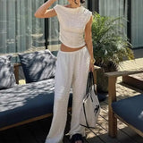 MQTIME  -  Woman Knitted Wide Leg Pants Set Asymmetric Textured Crop Tops Spring Summer Solid Casual Commuting Suits 2024 Fashion Lady Wear