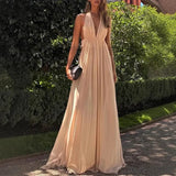  MQTIME  -  Fashion Full Length Party Dress Luxury Women High Waist Evening Dress Elegant V Neck Mesh Backless Evening Dress