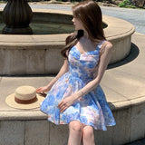 MQTIME  -  Sweet Coquette Chiffon Floral Print Cami Strap Ruched Bust A Line Mini Dress Women Girls Summer Beach Vacation Party Daily Wear
