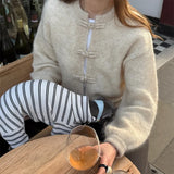 MQTIME  -  Elegant Knit Grey Women Cardigans Fashion Long Sleeve Button O-neck Female Knitwear Autumn Winter Fashion Lady Sweaters