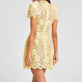 MQTIME  -  Yellow Bow Tie Up Banquet Dresses Fashion Perspective Lace Women's Party Dress New Elegant O Neck Short Sleeved High Waist Dress