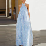 MQTIME  -  Spring Criss-cross Halter Backless Women Dress Fashion Striped Print Hollow Long Party Dress Summer Sleeveless Pocket Maxi Dress
