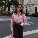 MQTIME  -  Vintage Pink Striped Women Casual Single Breasted Shirts Loose Turn-down Collar Shirt Fashion Spring Female Shirts