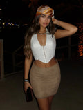 MQTIME  -  Women White Halter Corset Crop Top Deep V Front Lace Up Boned Waistcoat Slim Fitted Y2k Tank Tops Ladies Beach Casual Wear