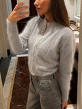 MQTIME  -  Women's Casual Fuzzy Knit Cardigan Sweater Crew Neck Long Sleeve Button Front Cropped Mohair Soft Warm Winter Outerwear