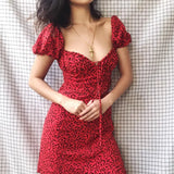 MQTIME  -  Red Printed Dress For Women With Retro Bubble Sleeves, Sexy High Waisted Short Sleeved Lace Up Corset Dress