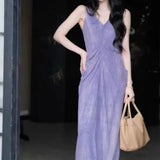 MQTIME  -  Chinese Style Purple Linen Blend Midi Slip Dress Women V Neck Sleeveless Front Twist Ruched Summer Slim Bag Hip Flowy Long Dress