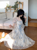 MQTIME  -  Women Ruffles Casual Korean Fairy Dress Female Summer Lace-up Vacation Party Dress Elegant Vintage Floral Midi Dress