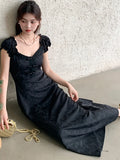 MQTIME  -  Summer Black Satin Jacquard Lace Square Collar Dress Women Puff Sleeve Elegant Luxury Long Dress 2024 Korean Vintage Party Dress