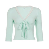 MQTIME  -  Vintage Lace Patchwork V Neck Slim Lace-up French Short  Top Female
