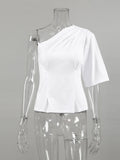 MQTIME  -  Pure White One Shoulder Asymmetric Blouse Women's Chic Ruched Bust Minimalist Sleeve Tops Lady Fashion Dating Night T-shirt