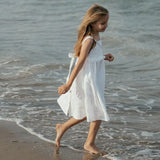 MQTIME  -  Summer Vacation Bow Cotton Linen Dress Girls New Solid Color Casual Baby Girl Sleeveless Loose Linen Beach Straps Dresses