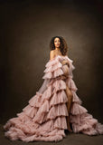 MQTIME  -  Layered Tulle Photo Shoot Maternity Gowns Dusty Pink Ruffles Long Maternity Dresses for Baby Shower Off Shoulder Women Bathrobe