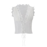 MQTIME  -  Sexy Lace Patchwork Lace Up V-neck Vest Set Slim Sleeveless Crop Tops Women Wrap Buttocks Skirts Suit Party Vacation Outfit