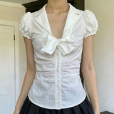  MQTIME  -  Temperament Preppy Style Bow V Neck Puff Short Sleeve Women's Blouse Y2k Aesthetic Harajuku Pleated Casual Shirts Spice Clothes